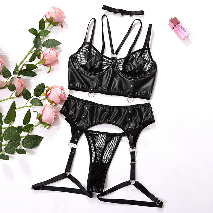 Plus Size Seduction Set - PU Leather & Mesh Dominatrix Lingerie - Rock Candy