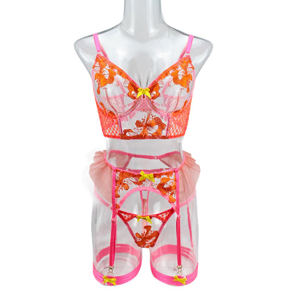 Orange Embroidered Beautiful Back Mesh Lace Bra Set