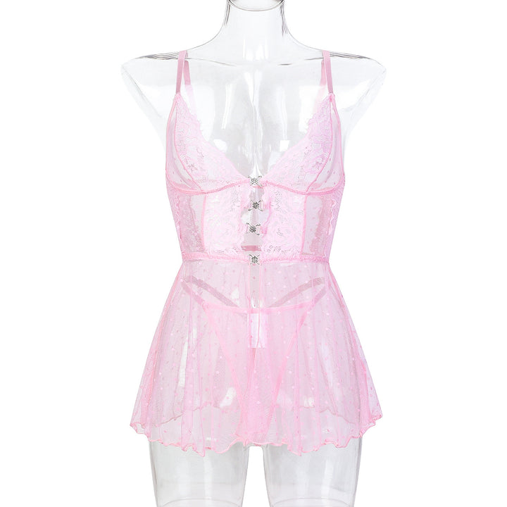 Sheer Polka Dot Lace Chemise Set - Crystal Button Halter Neck Sleepwear - Rock Candy