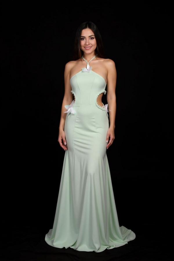Mint Green Cut-Out Evening Gown with Butterfly Accents