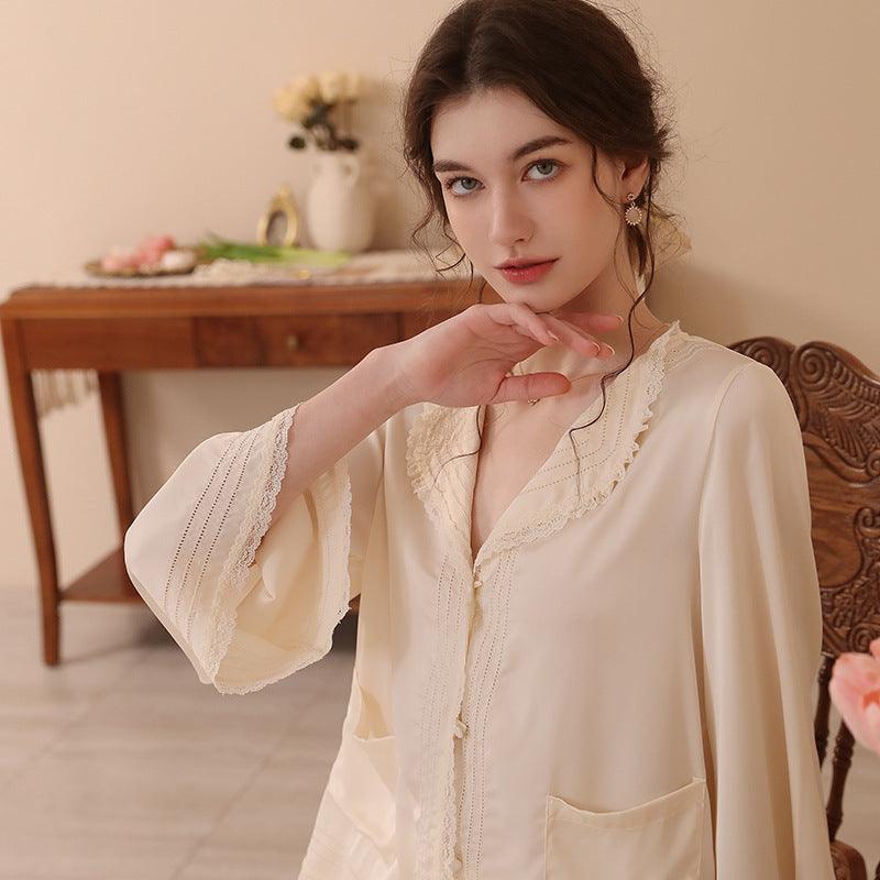 French lapel autumn ice silk long-sleeved pajamas two-piece set - Rock Candy