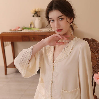 French lapel autumn ice silk long-sleeved pajamas two-piece set - Rock Candy