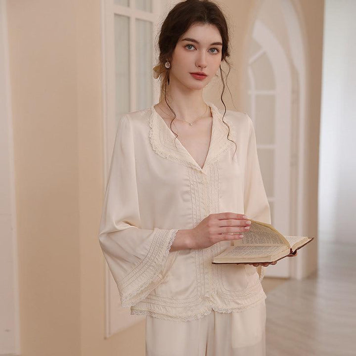 French lapel autumn ice silk long-sleeved pajamas two-piece set - Rock Candy