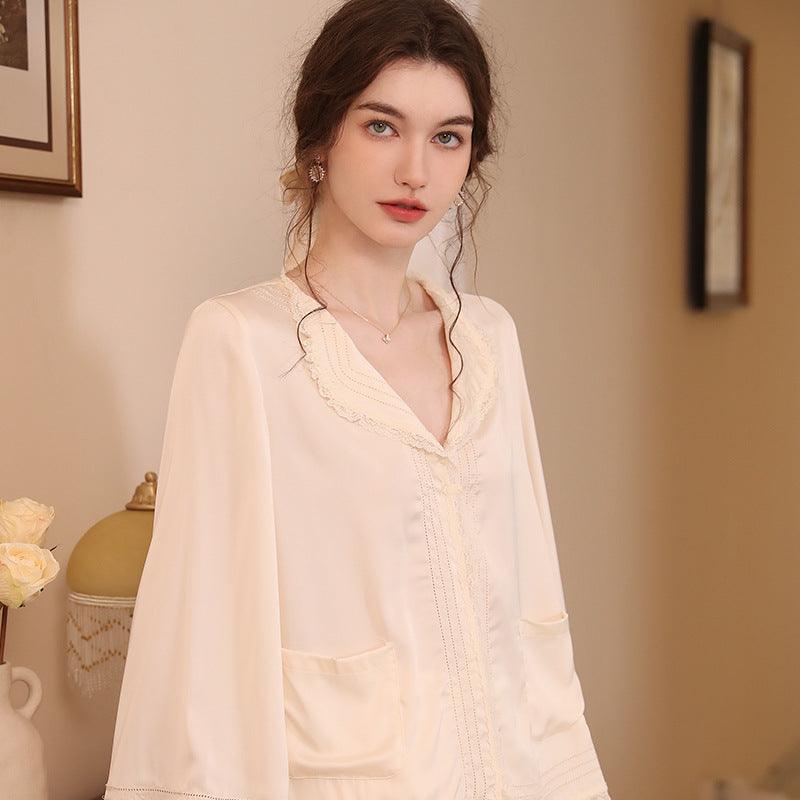 French lapel autumn ice silk long-sleeved pajamas two-piece set - Rock Candy