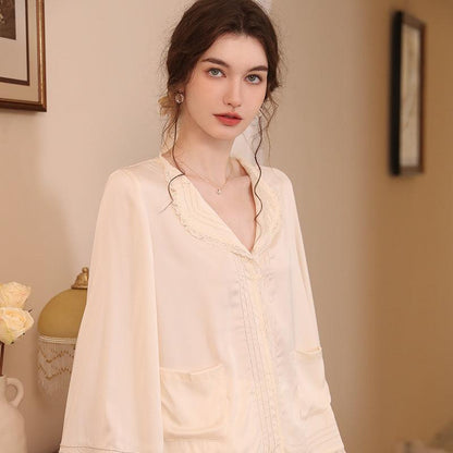French lapel autumn ice silk long-sleeved pajamas two-piece set - Rock Candy