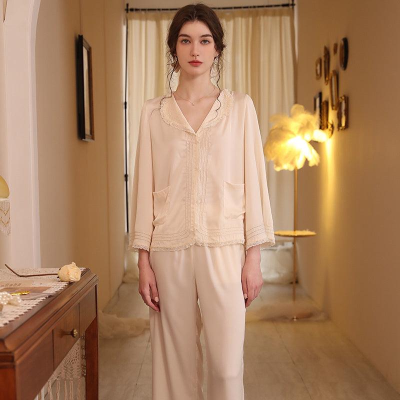 French lapel autumn ice silk long-sleeved pajamas two-piece set - Rock Candy