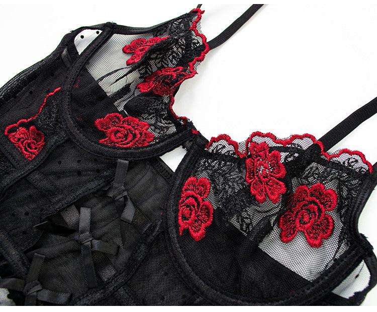 Hollow Strapless Thong Embroidered Lace Lace Bra - Rock Candy