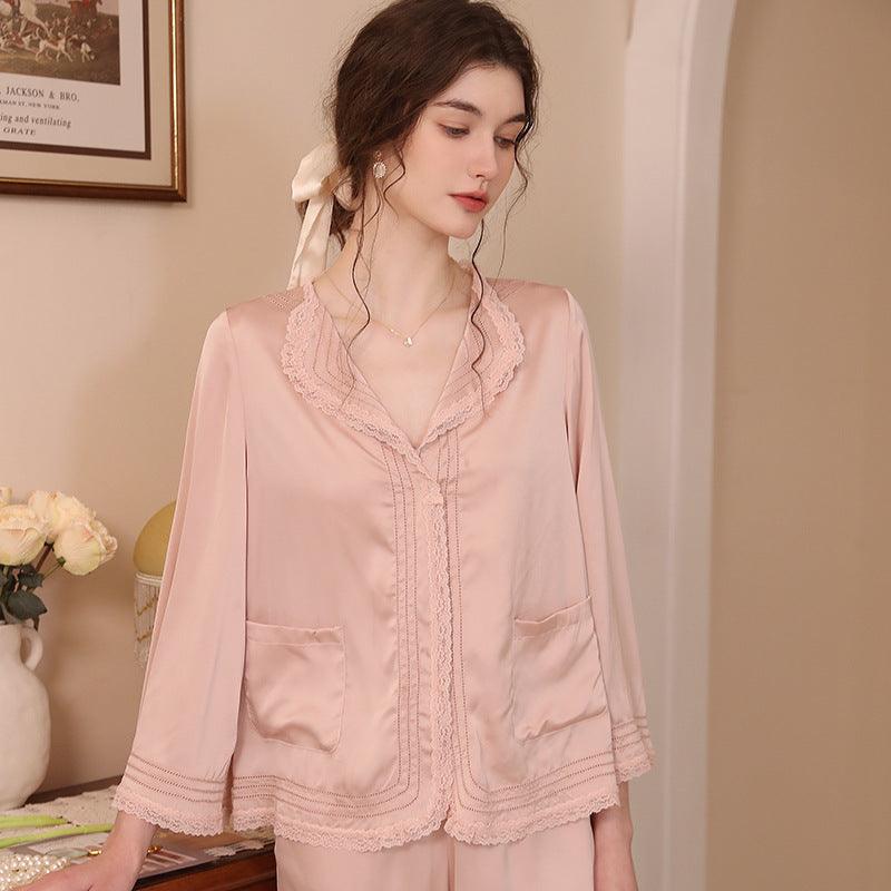 French lapel autumn ice silk long-sleeved pajamas two-piece set - Rock Candy