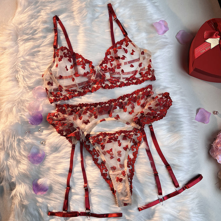 Romantic Red Heart Sheer Lingerie Set – 3-Piece Transparent Mesh Bra, Garter Belt & Panty - Rock Candy
