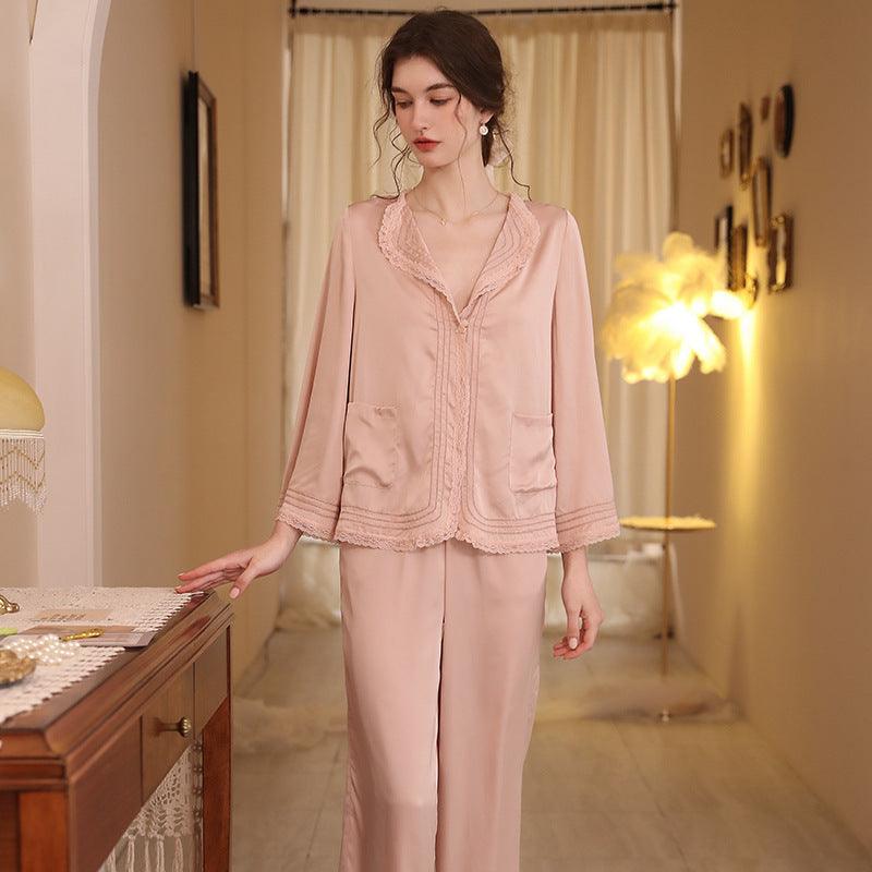 French lapel autumn ice silk long-sleeved pajamas two-piece set - Rock Candy