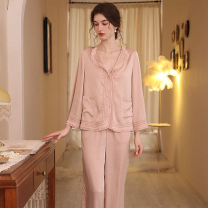French lapel autumn ice silk long-sleeved pajamas two-piece set - Rock Candy