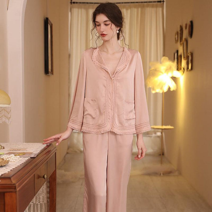 French lapel autumn ice silk long-sleeved pajamas two-piece set - Rock Candy
