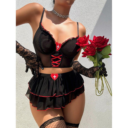 Uniform strappy miniskirt bra thong three piece set - Rock Candy