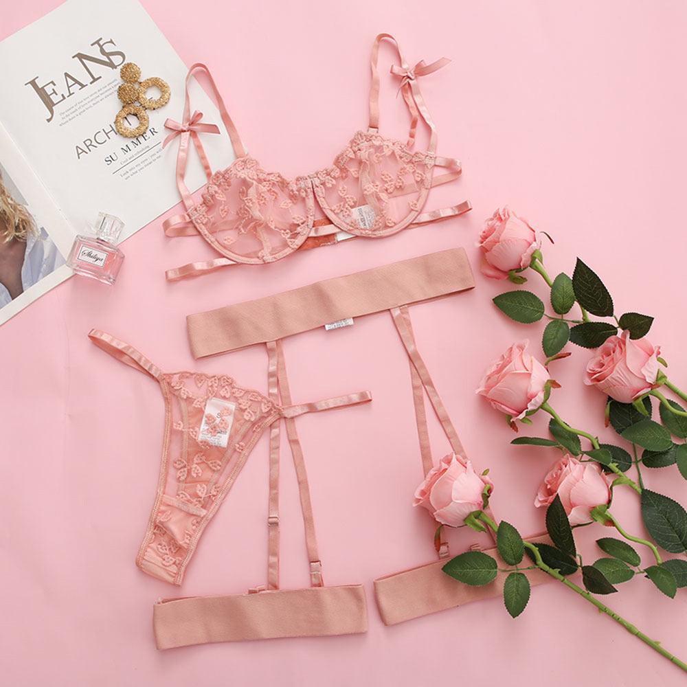 Lace embroidery girl mesh see-through sexy lingerie three-piece set - Rock Candy