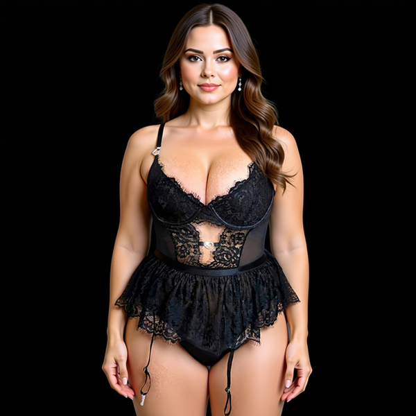Plus Size Sheer Lace Bodysuit Set - Sexy Teddy & G-String Lingerie