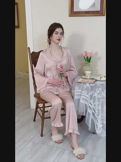 French lapel autumn ice silk long-sleeved pajamas two-piece set